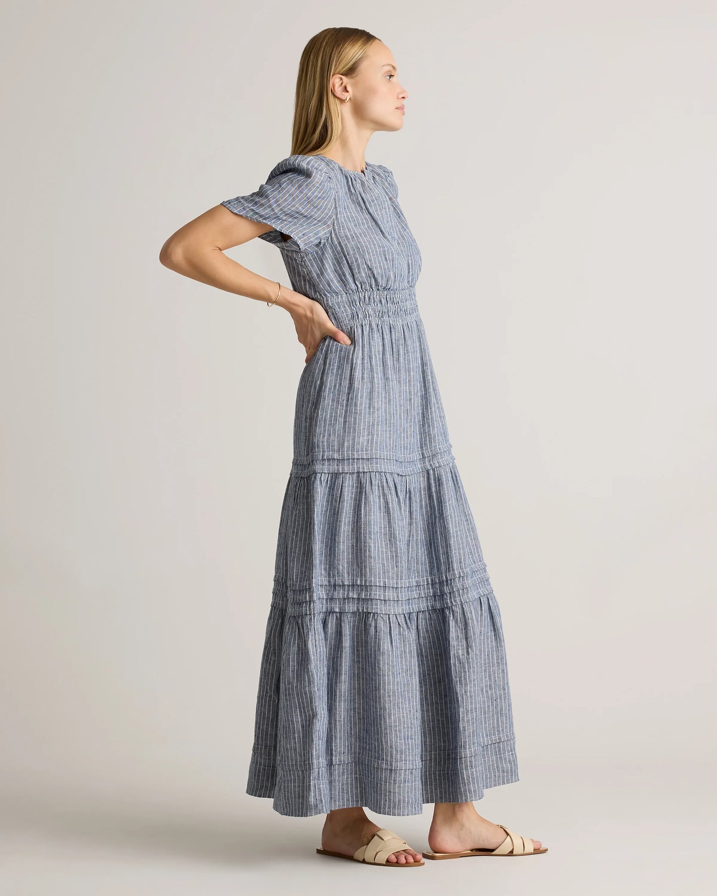 100% European Linen Tiered Maxi Dress - XS / Ivory Porcelain Blue Petite Floral
