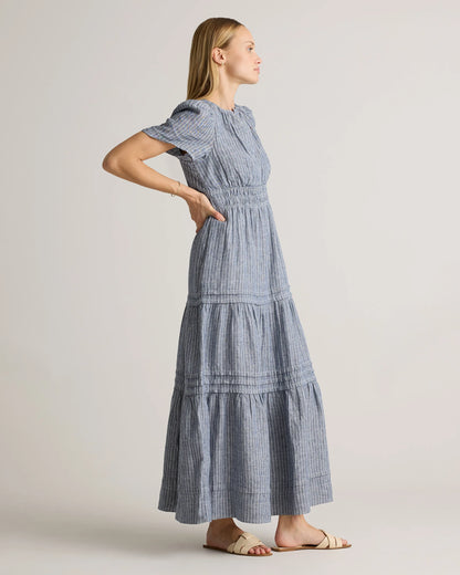100% European Linen Tiered Maxi Dress - XS / Ivory Porcelain Blue Petite Floral