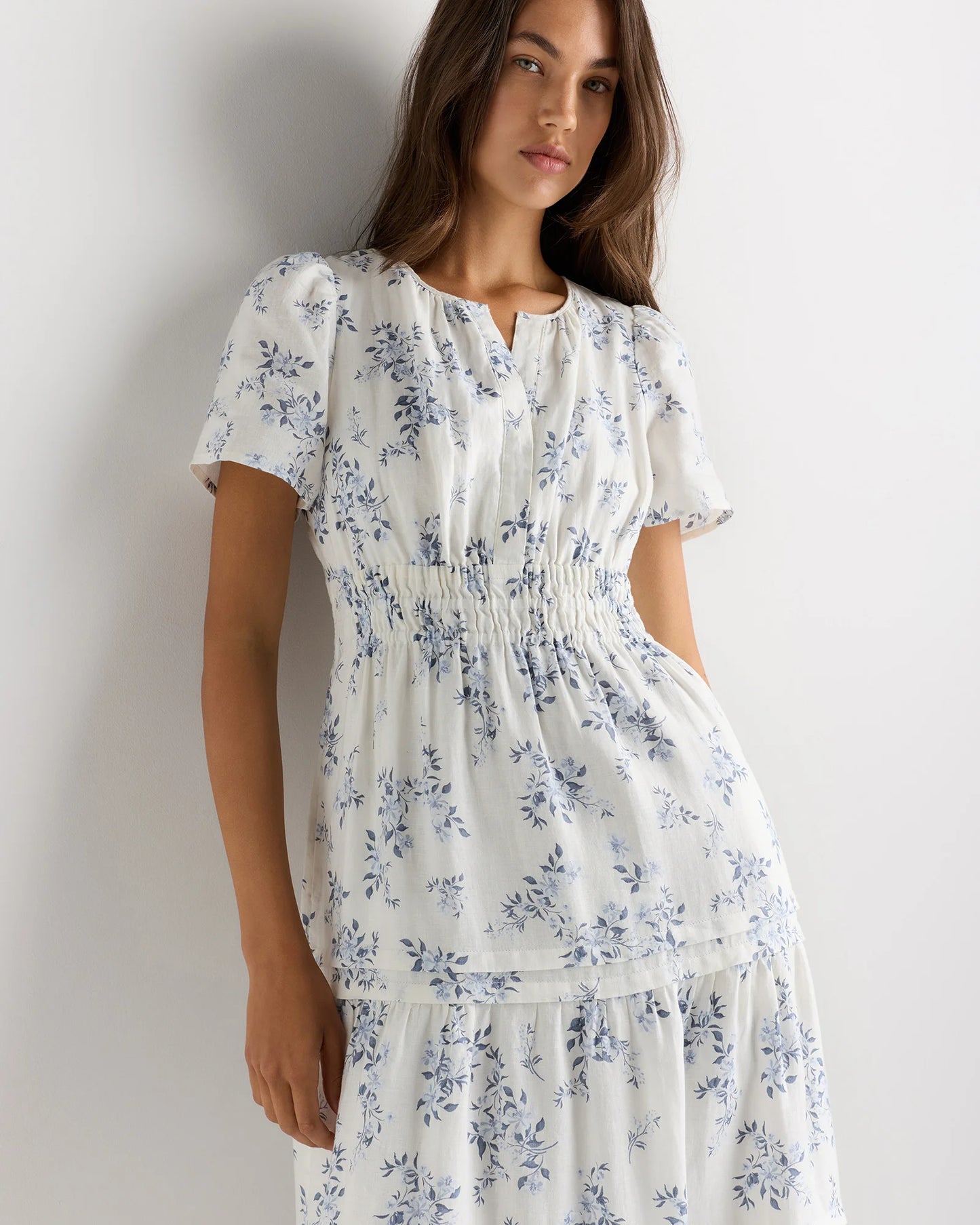 100% European Linen Tiered Maxi Dress - XS / Ivory Porcelain Blue Petite Floral