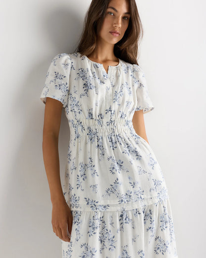 100% European Linen Tiered Maxi Dress - XS / Ivory Porcelain Blue Petite Floral