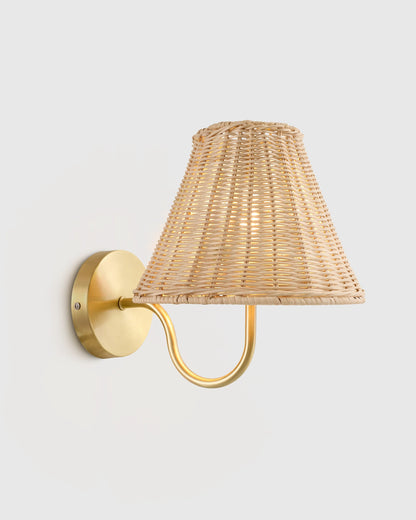Curved Iron Sconce with Rattan Shade - One Size / Light Brown