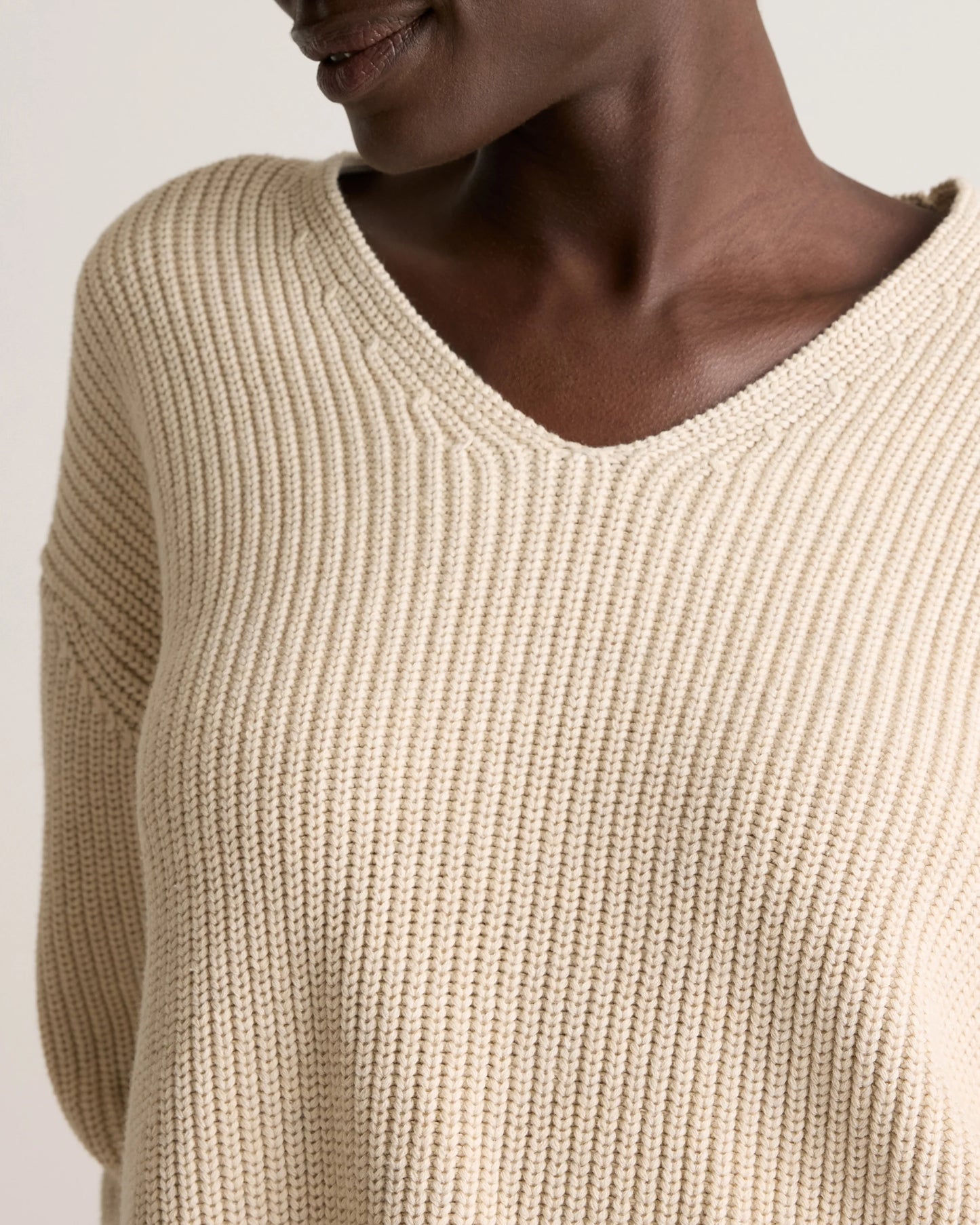 100% Organic Cotton Fisherman V-Neck Sweater - XS / Heather Brown