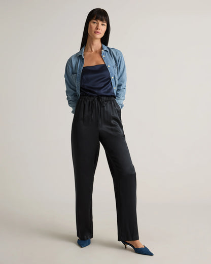 100% Washable Silk Drawstring Wide Leg Pants - XS / Black