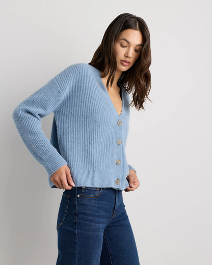 Mongolian Cashmere Fisherman Boxy Cropped Cardigan Sweater - XS / Faded Denim