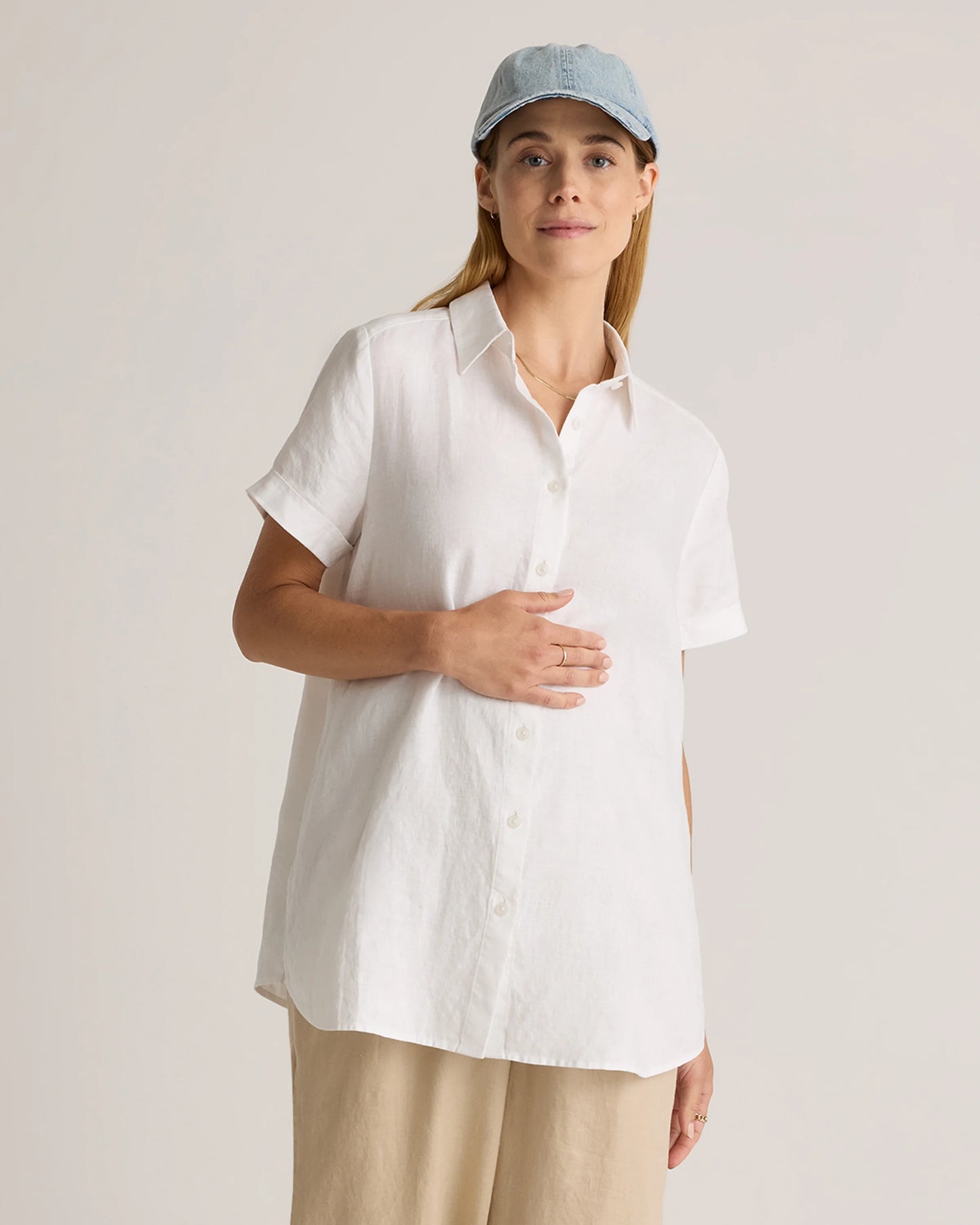 100% European Linen Maternity Camp Shirt - XS / Blue Pinstripe