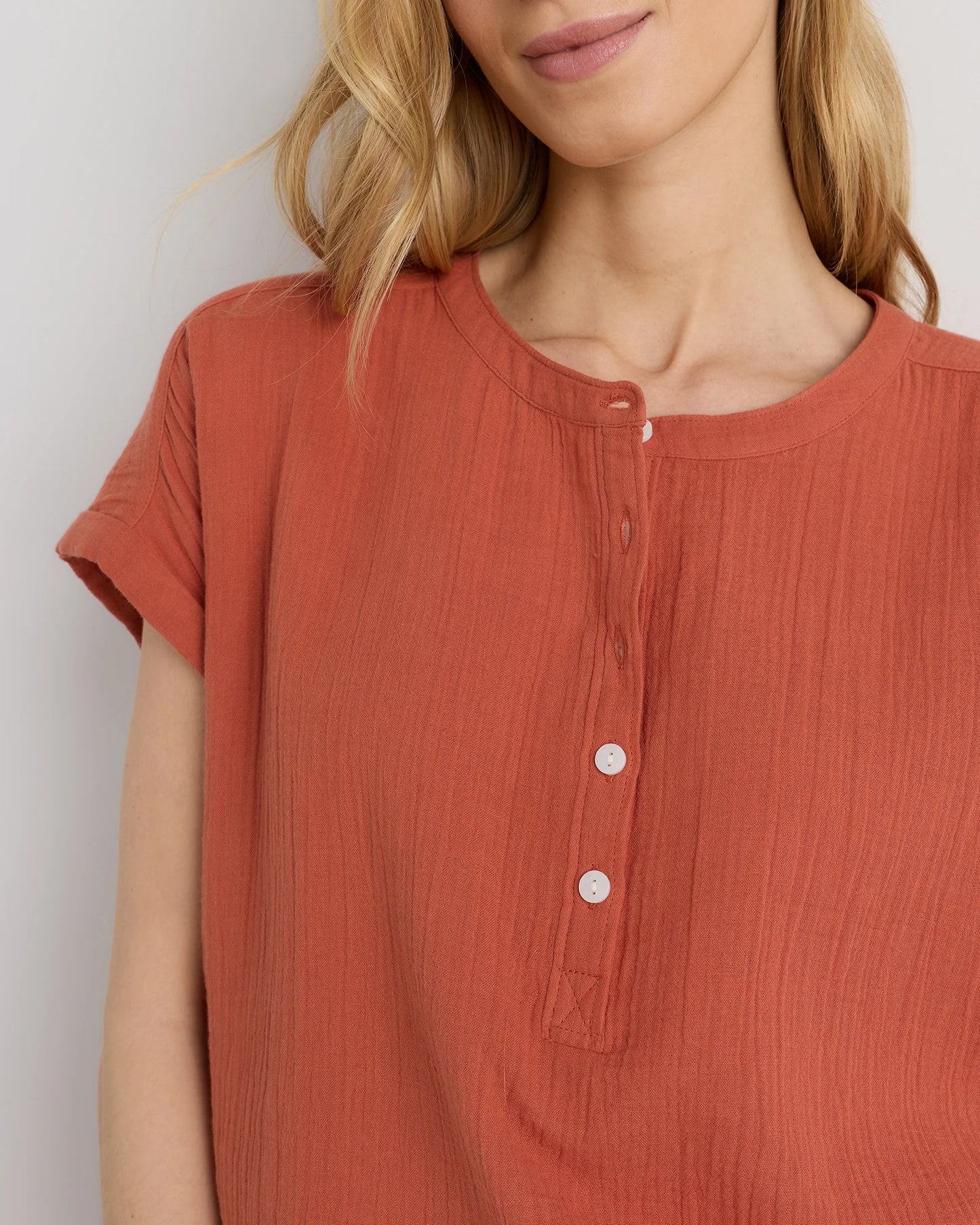100% Organic Cotton Gauze Roll Sleeve Shirt - XS / Spiced Orange