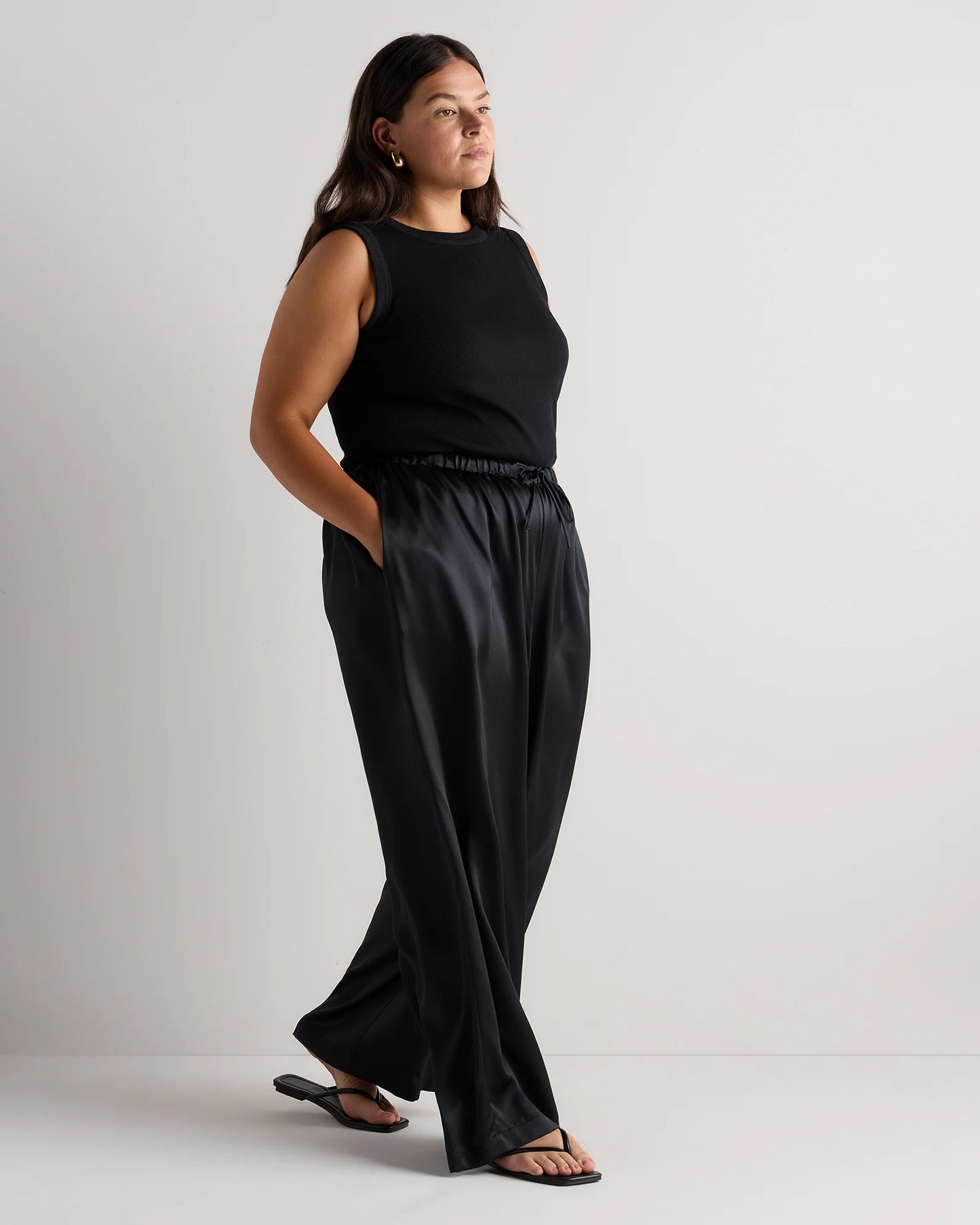 100% Washable Silk Drawstring Wide Leg Pants - 1X / Black