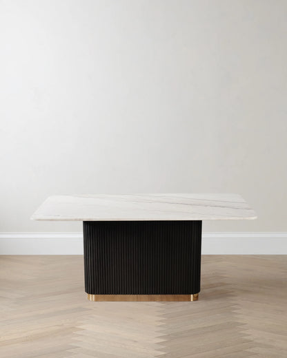 Fluted Wood and Genuine Marble Pedestal Dining Table - One Size / White/Black