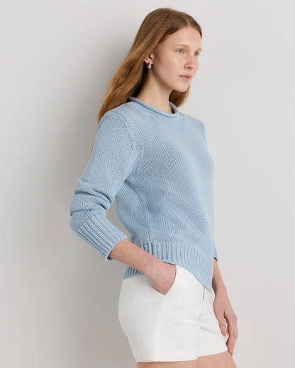 100% Organic Cotton Roll Neck Sweater - XS / Cornflower Mini Stripe