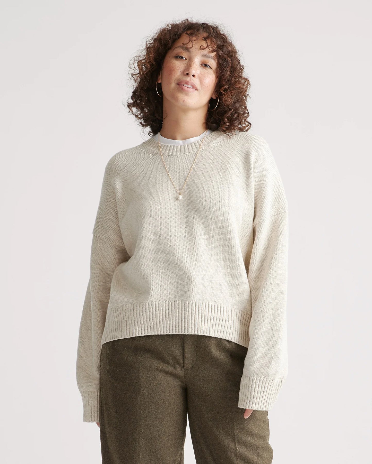 100% Organic Cotton Boyfriend Crew Sweater - XS / Speckled Beige