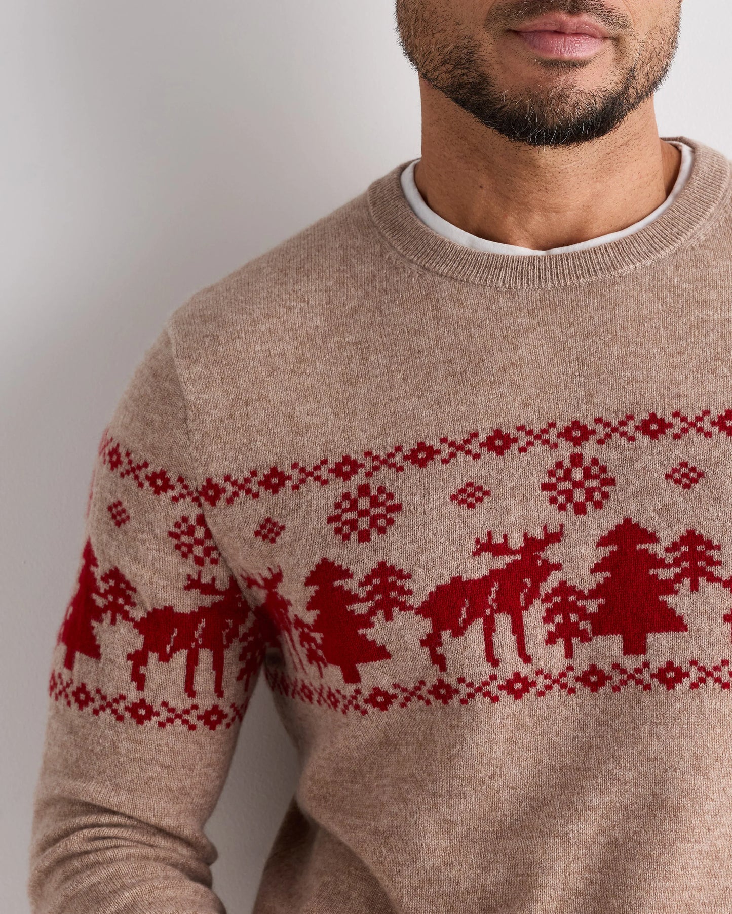 Mongolian Cashmere Fair Isle Christmas Sweater - S / Oatmeal/Varsity Red