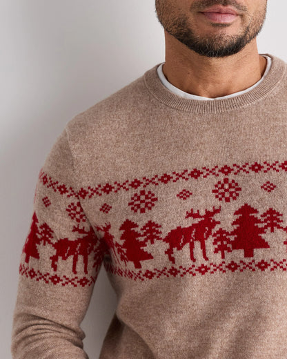Mongolian Cashmere Fair Isle Christmas Sweater - S / Oatmeal/Varsity Red