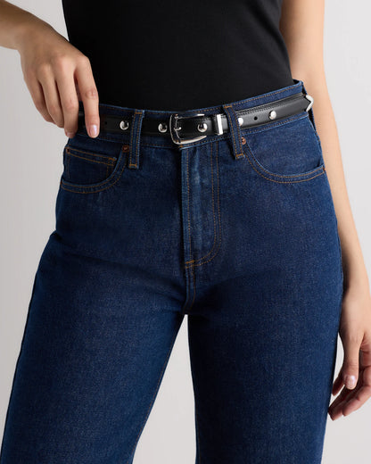 Alyssa European Leather Studded Skinny Belt - XS / Black/Silver