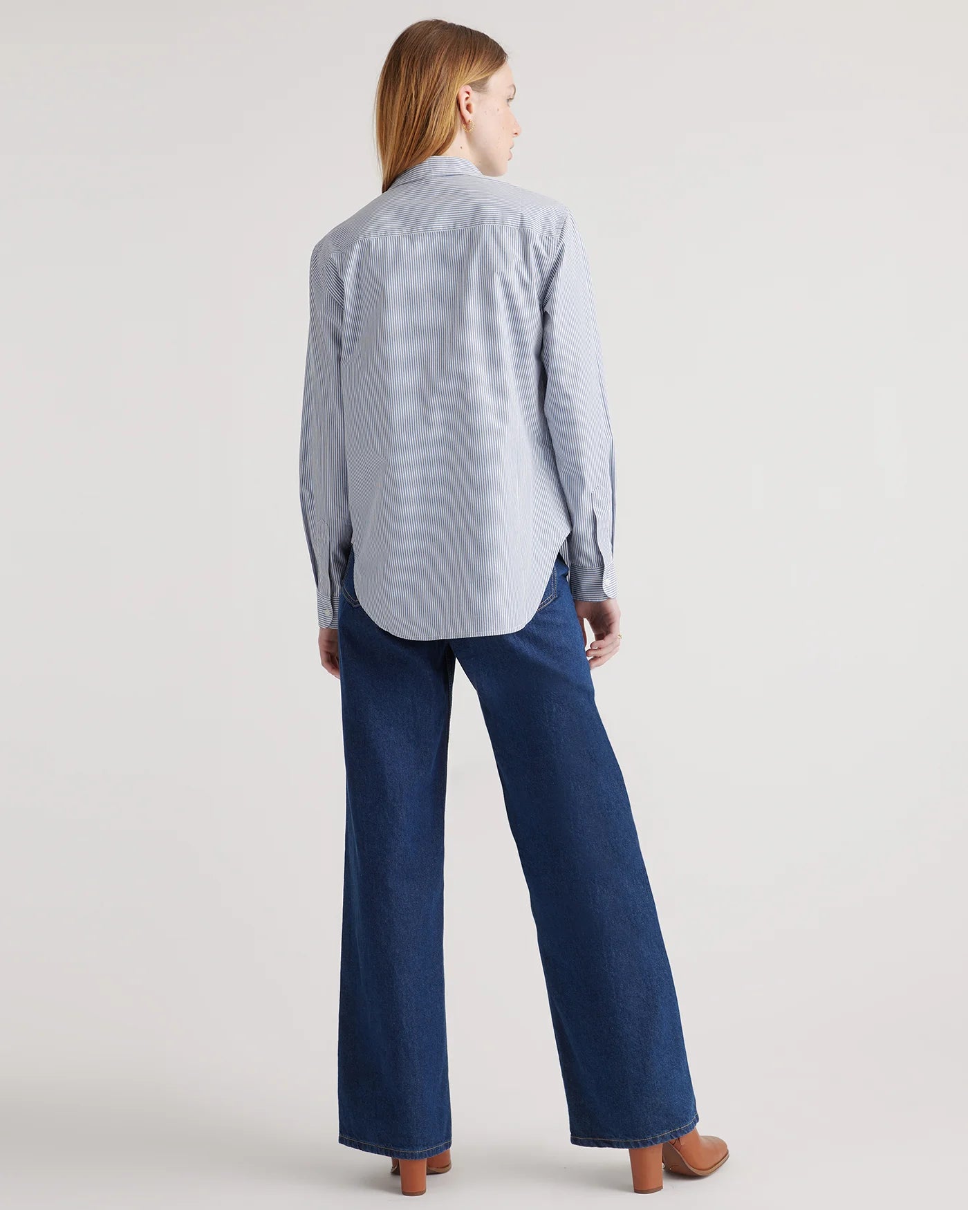 100% Organic Cotton Poplin Long Sleeve Shirt - XS / Delta Blue Double Stripe