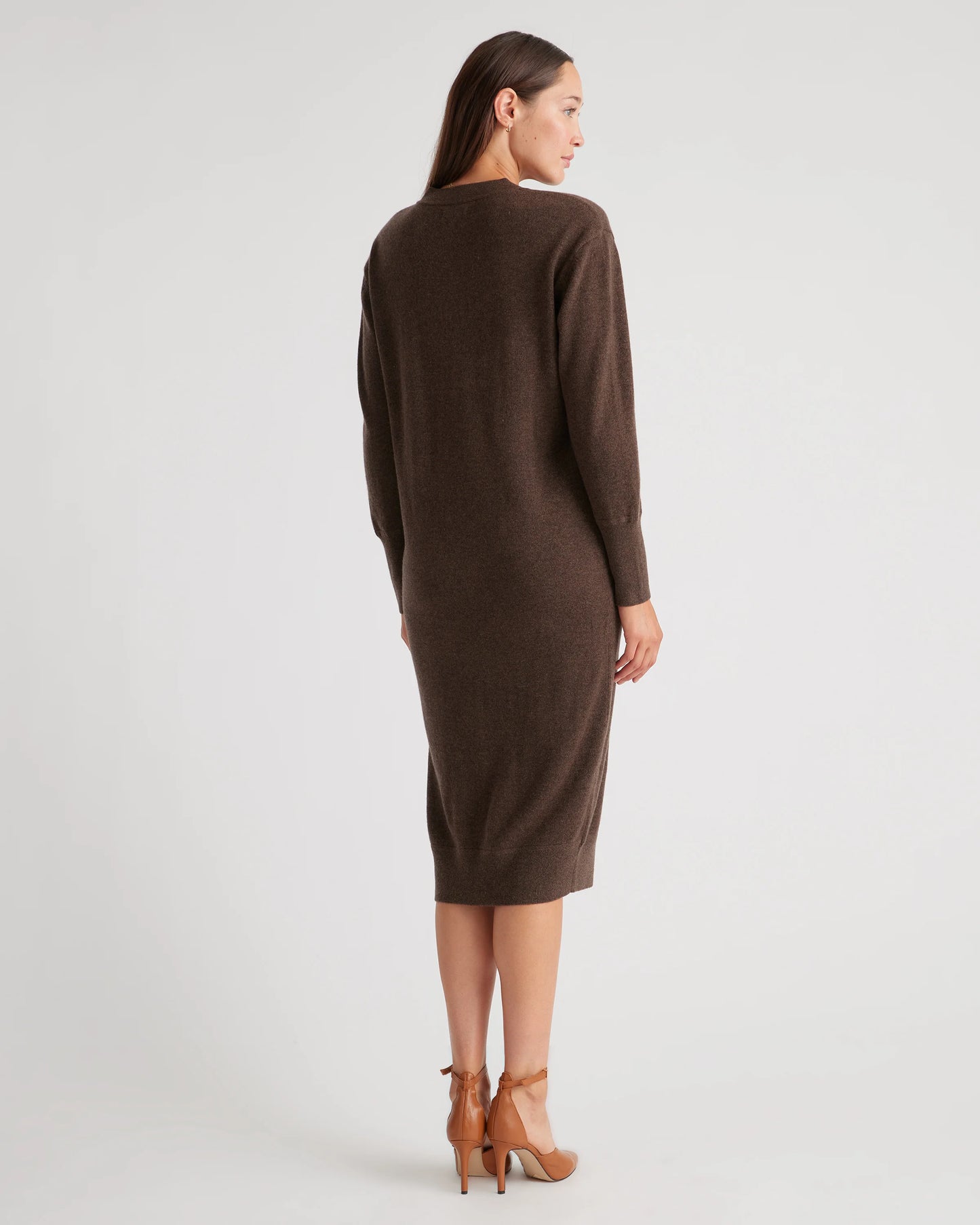 Mongolian Cashmere V-Neck Midi Sweater Dress - XS / Brown