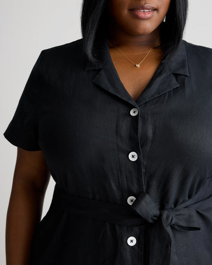 100% European Linen Button Front Dress - 1X / Blue Pinstripe