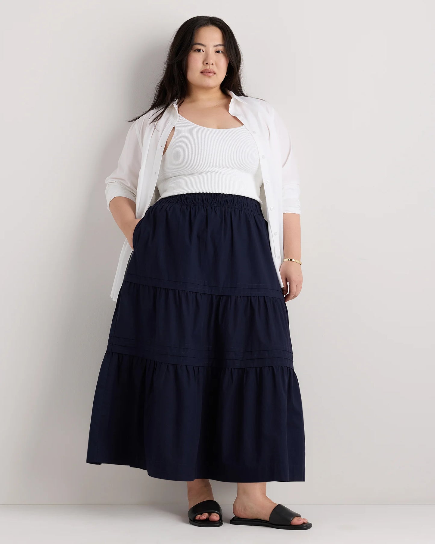 100% Organic Cotton Poplin Tiered Maxi Skirt - 1X / Black
