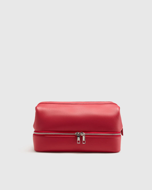 Italian Leather Dual Compartment Toiletry Bag - One Size / Ruby Red