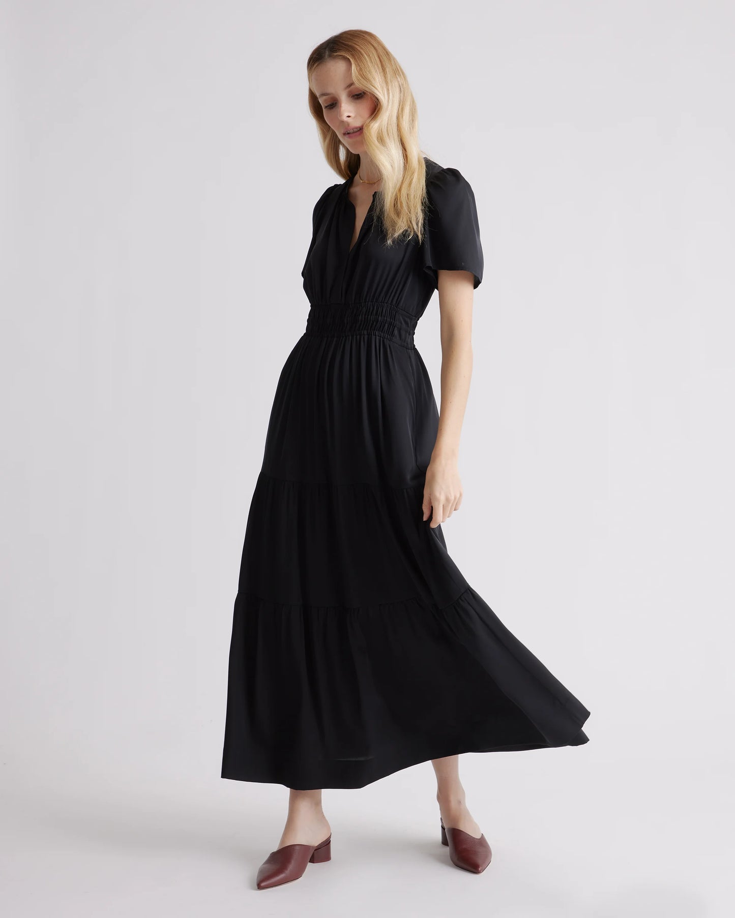Washable Stretch Silk Tiered Maxi Dress - XS / Navy