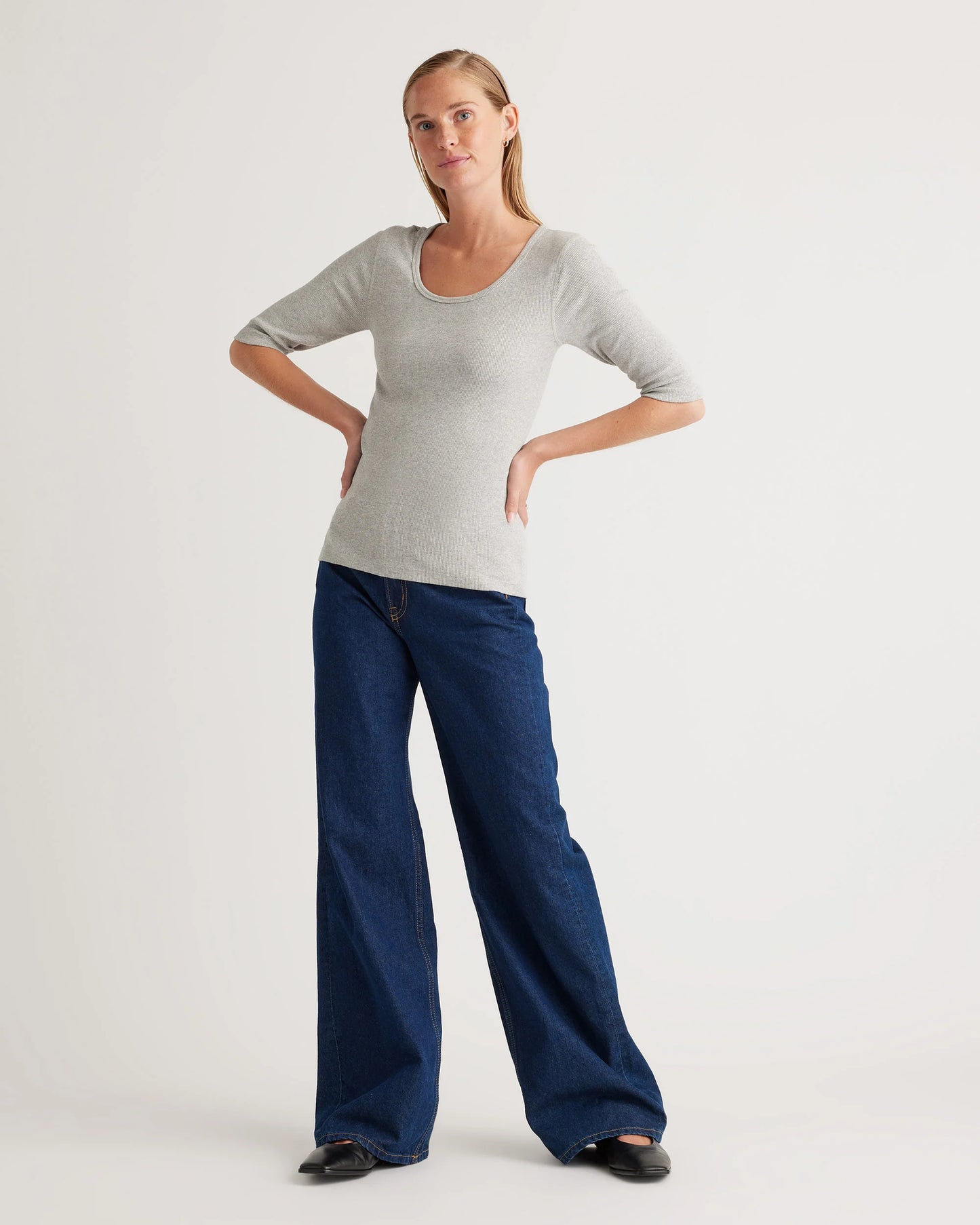 Organic Cotton Micro-Rib Elbow Sleeve Tee - XS / Moonstone Blue