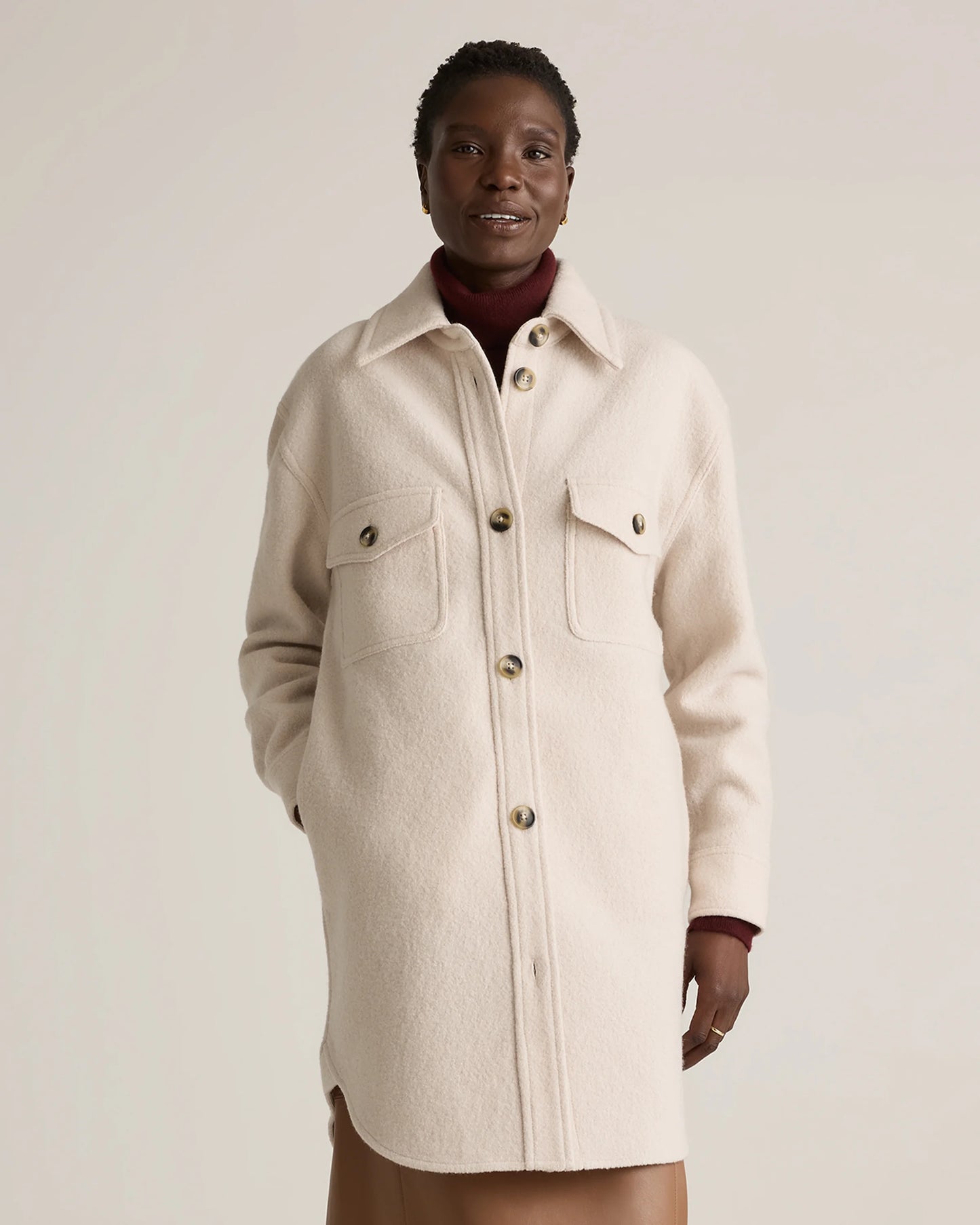 100% Merino Wool Long Shirt Jacket - XS / Heather Bone