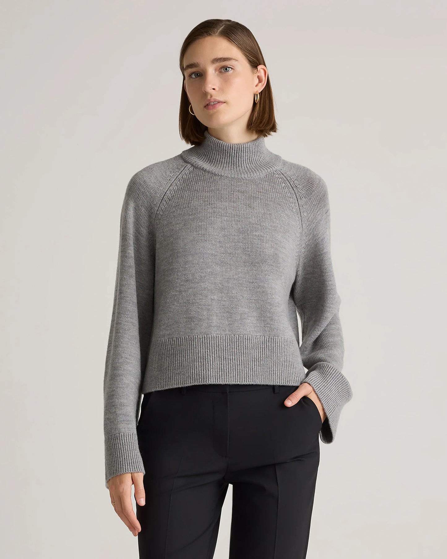 Australian Merino Wool Cropped Mock Neck Sweater - XS / Heather Bone