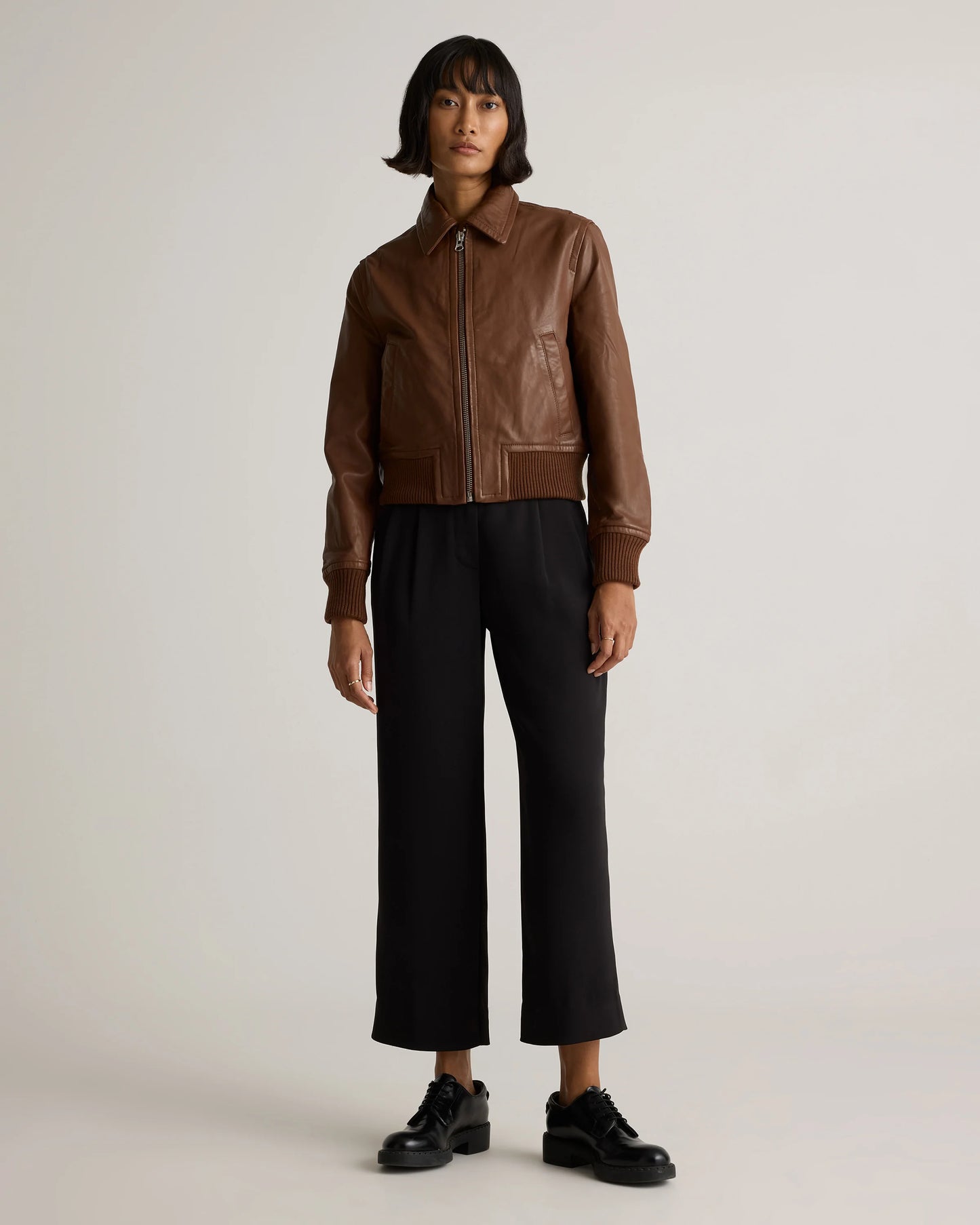 100% Washed Leather Bomber Jacket - XS / Black