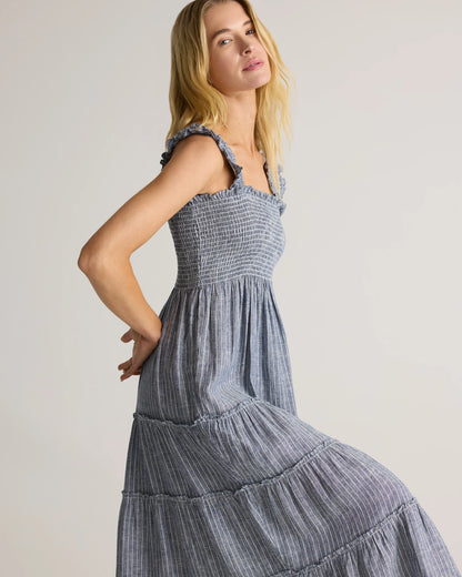 100% European Linen Smocked Midi Dress - XS / Ivory Porcelain Blue Petite Floral