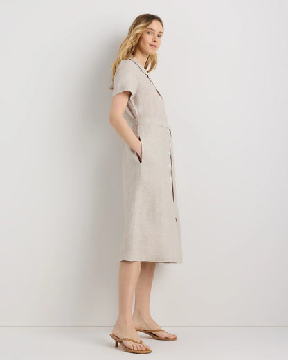 100% European Linen Button Front Dress - XS / Sky Blue Mariner Stripe