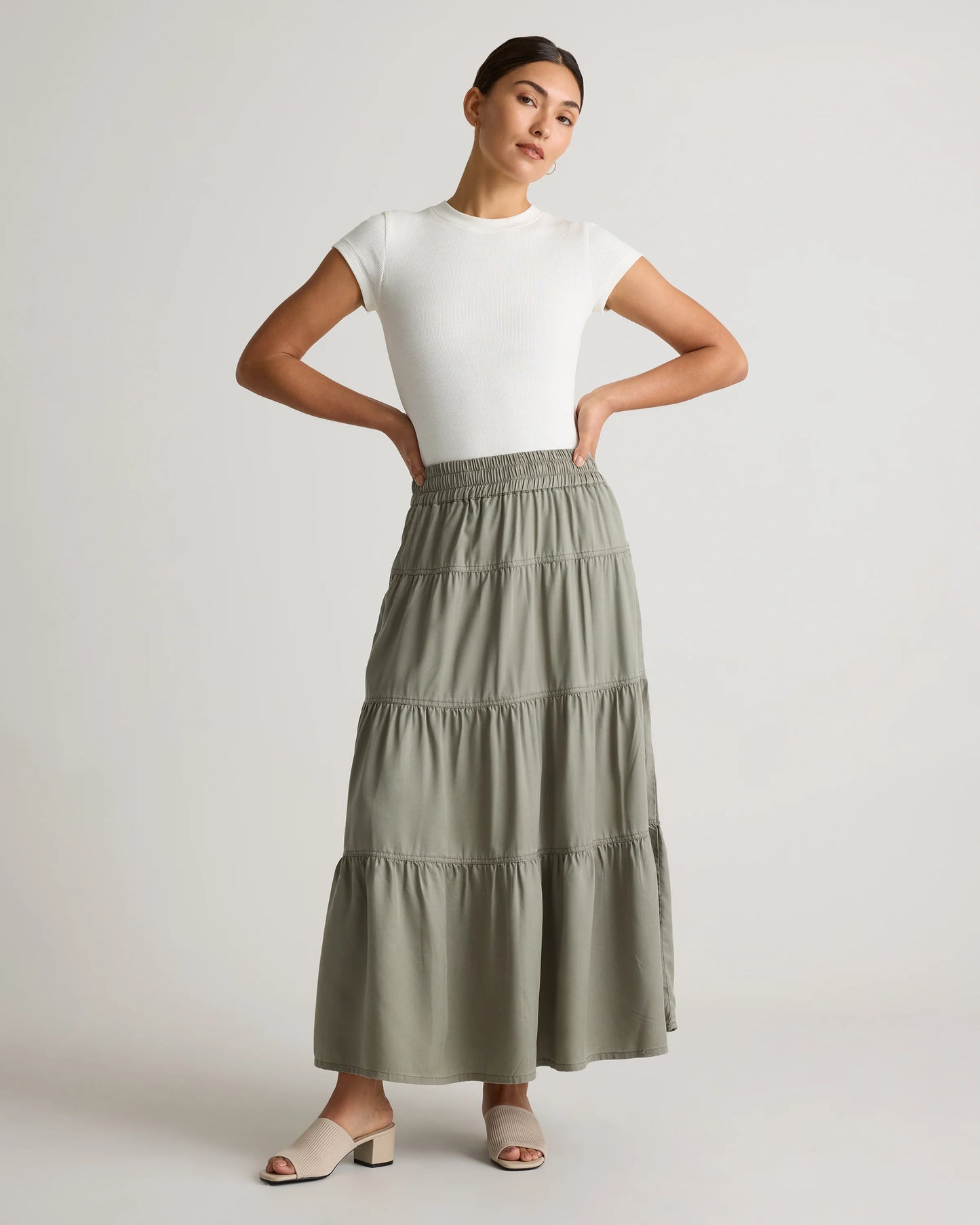Vintage Wash Tencel Tiered Maxi Skirt - XS / Olive