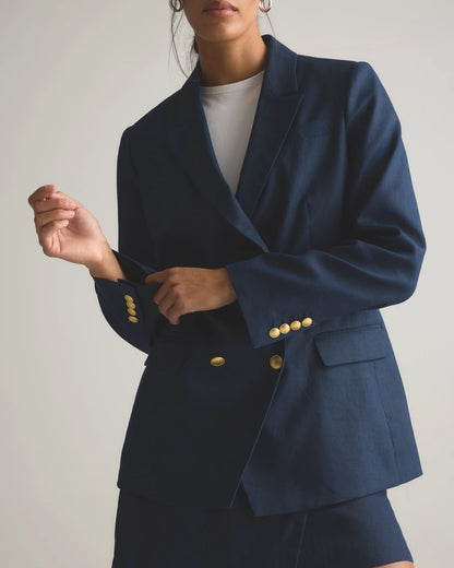 100% European Linen Relaxed Double-Breasted Blazer - XS / Blue Pinstripe