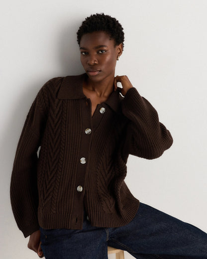 Australian Merino Wool Collared Cable Cardigan - XS / Coffee Bean Brown