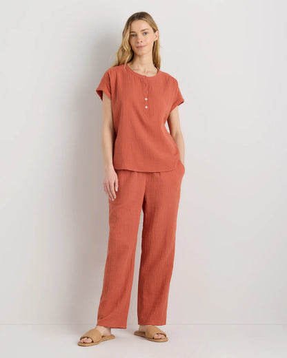 100% Organic Cotton Gauze Roll Sleeve Shirt - XS / Spiced Orange