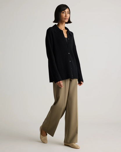 Mongolian Cashmere Wide-Rib Oversized Collared Cardigan - XS / Oatmeal