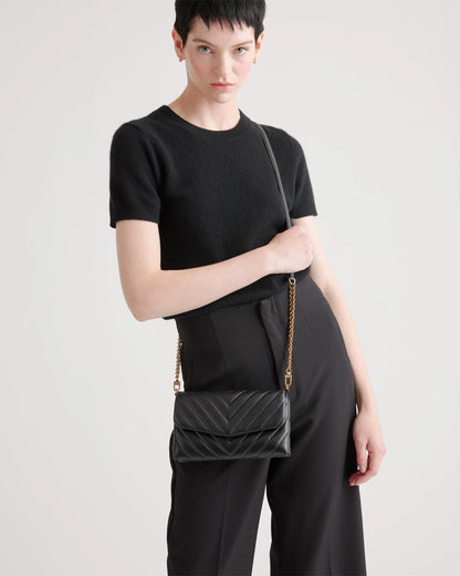 Italian Leather Quilted Wallet Crossbody - One Size / Black/Gold