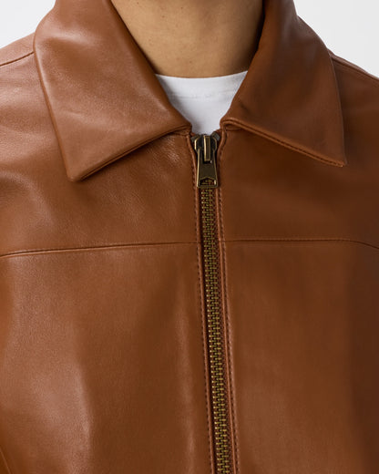 100% Leather Cropped Zip-Front Jacket - XS / True Black