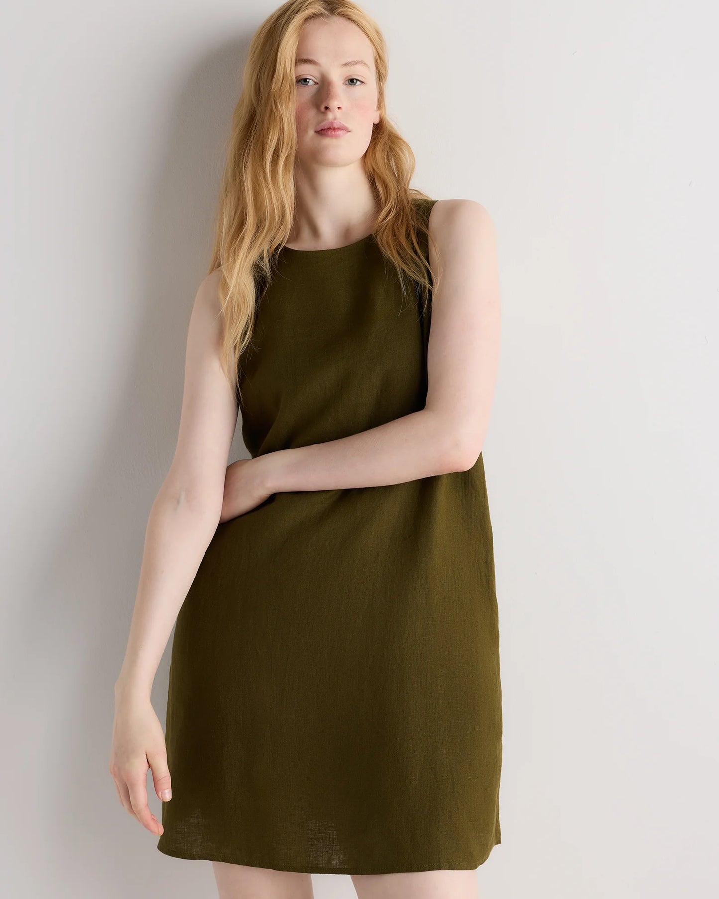 100% European Linen Tank Mini Dress - XS / Martini Olive