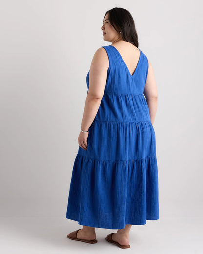 100% Organic Cotton Gauze Tiered Maxi Dress - 1X / Orchid Blue