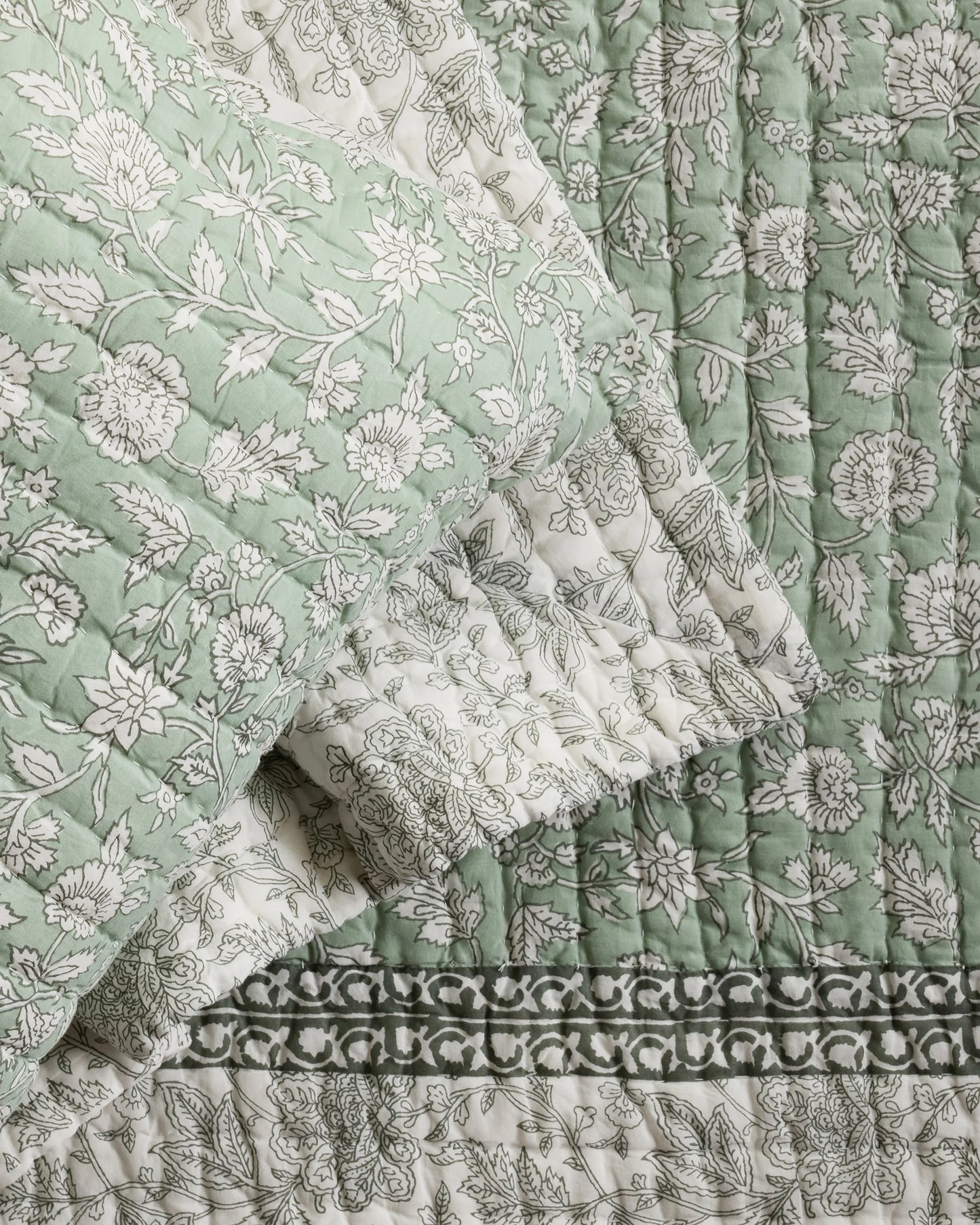 Organic Cotton Block Print Quilted Sham Set - Standard / Green