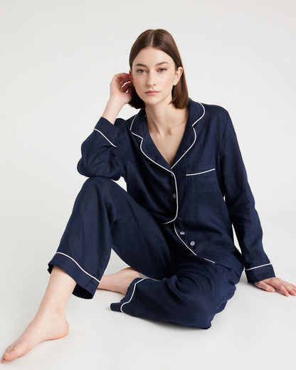 100% European Linen Long Sleeve Pajama Set with Piping - XS / Taupe Brown Gingham
