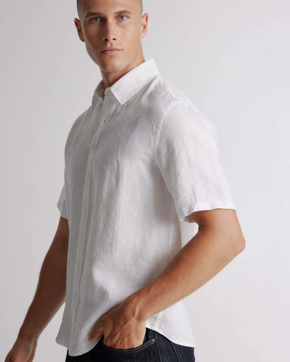 100% European Linen Relaxed Short Sleeve Shirt - XS / Taupe Brown Chambray