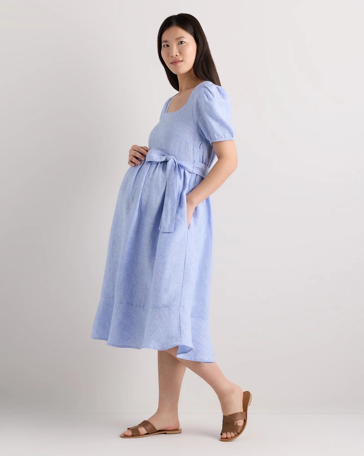 100% European Linen Maternity Short Sleeve Midi Dress - XS / Ivory Porcelain Blue Petite Floral