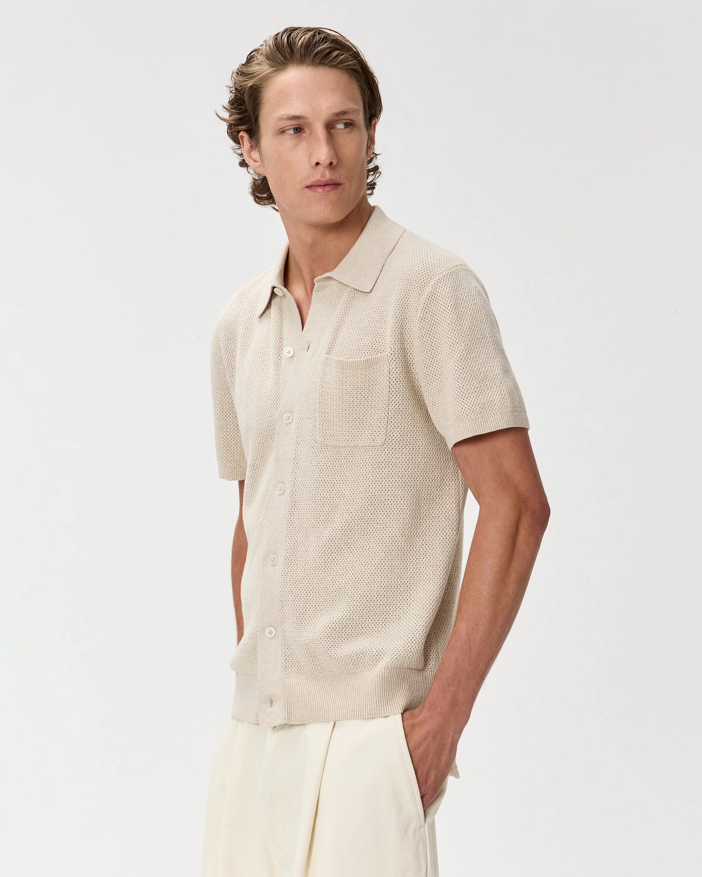 100% Organic Cotton Mesh-Stitch Button-Up Sweater Polo - XS / Speckled Beige