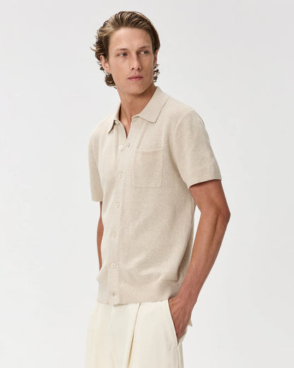 100% Organic Cotton Mesh-Stitch Button-Up Sweater Polo - XS / Speckled Beige