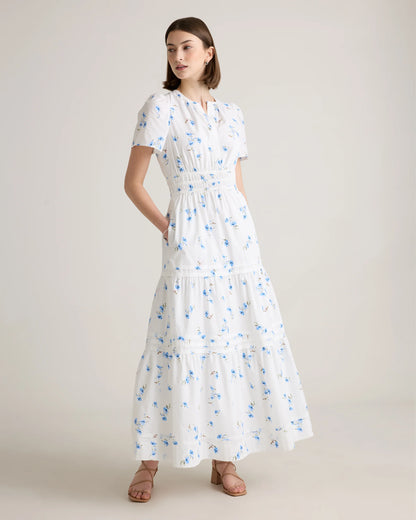 100% Organic Cotton Poplin Tiered Maxi Dress - XS / Riviera Blue Heirloom Floral