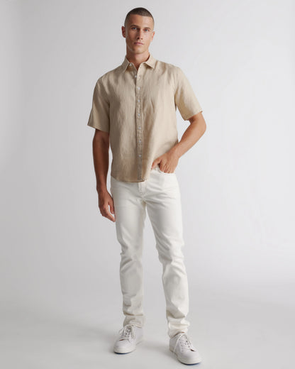 100% European Linen Relaxed Short Sleeve Shirt - XS / Taupe Brown Chambray