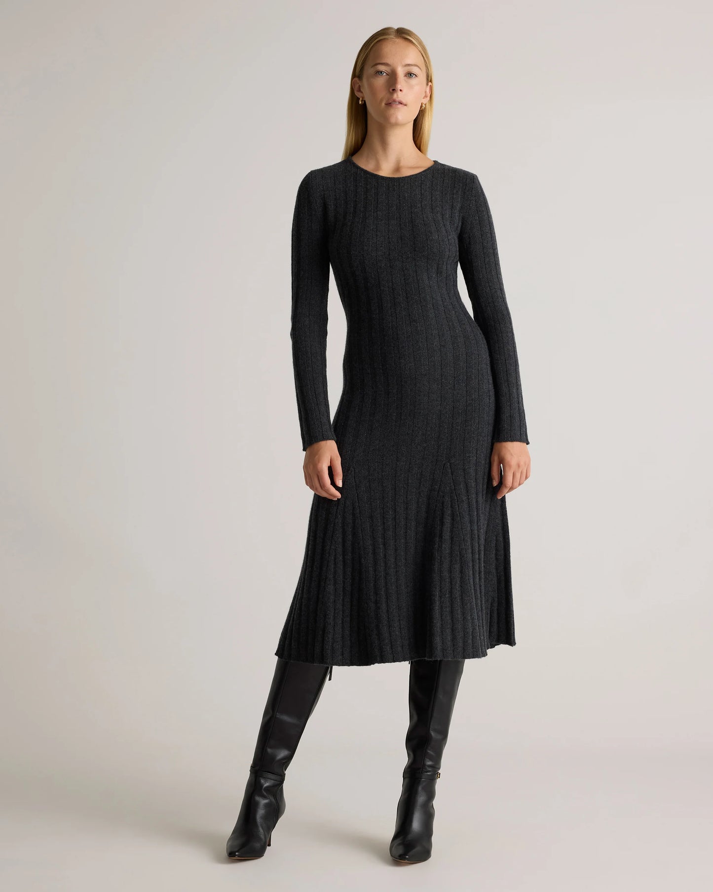 Mongolian Cashmere Wide-Rib Midi Dress - XS / Black
