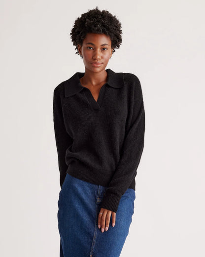 Baby Alpaca-Wool Waffle Stitch Polo Sweater - XS / Ivory