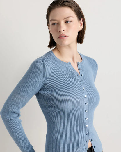 Cotton Cashmere Fitted Ribbed Cardigan - XS / Mocha Heather