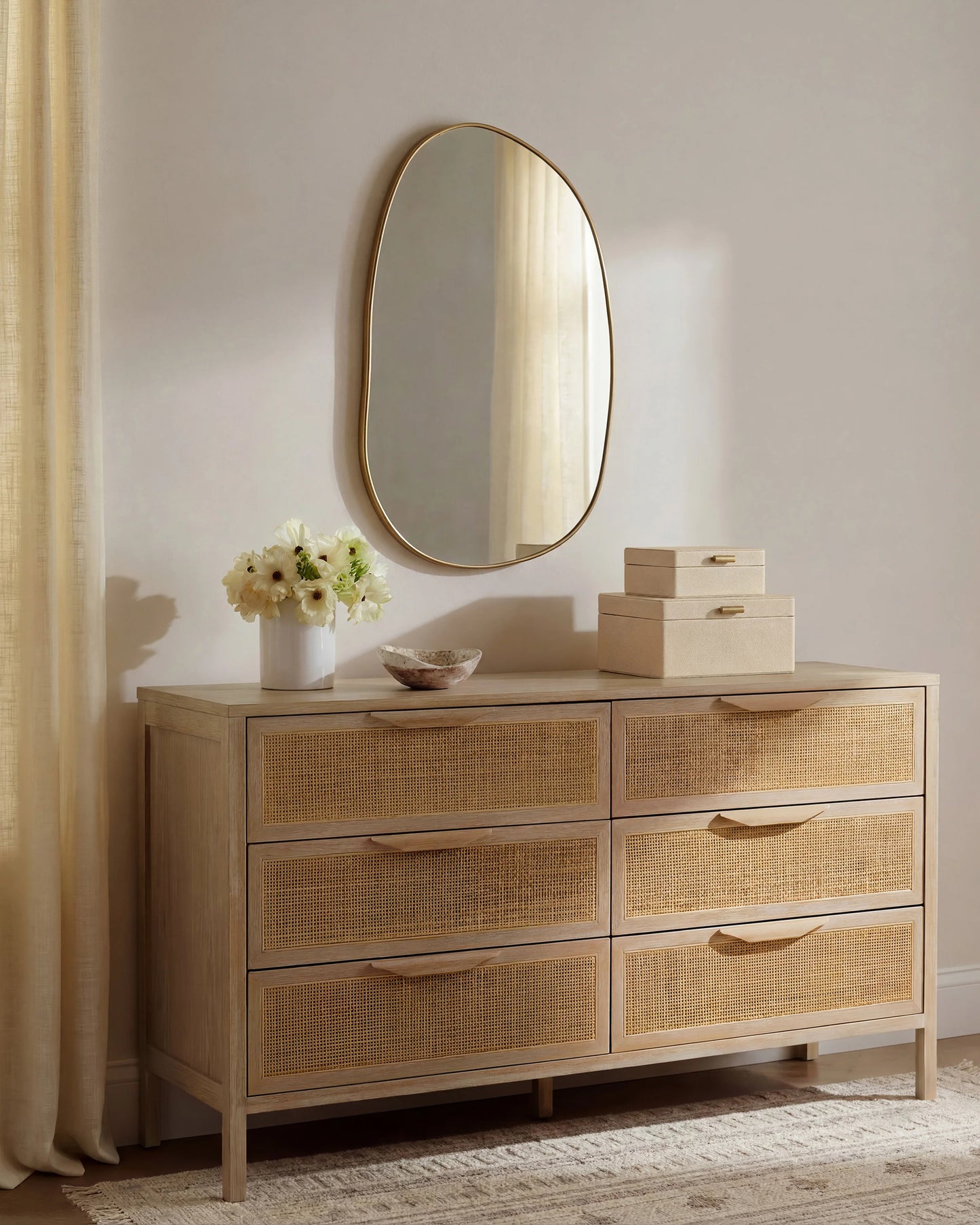 Solid Wood and Natural Rattan 6-Drawer Dresser - One Size / Natural